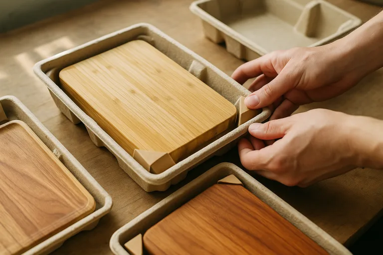 Custom-molded pulp trays and kraft corners securing wooden cutting boards in a packaging studio.