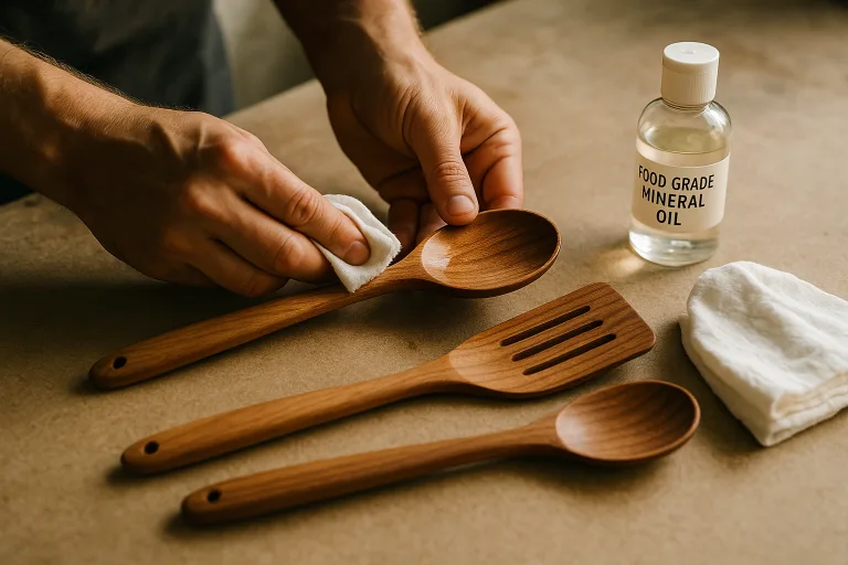 A craftsman shows how to re-oil wooden spoons and spatulas, preserving their finish and extending lifespan.