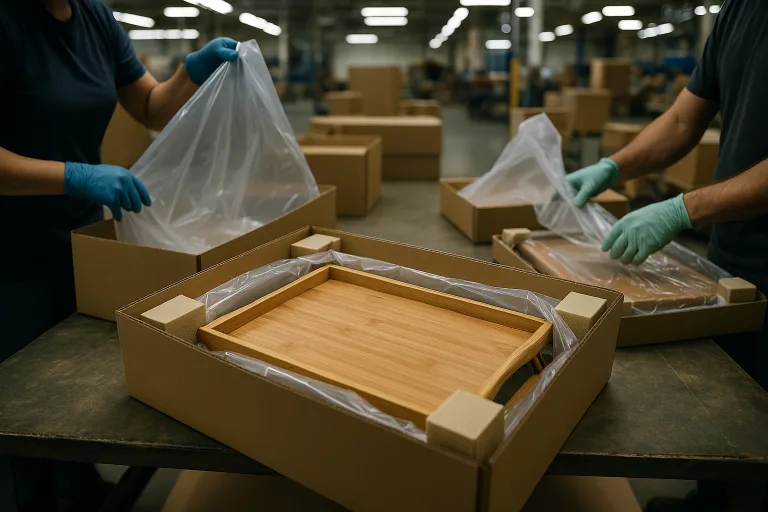 Workers carefully insert finished bamboo folding bed trays into robust cartons with foam inserts and moisture barriers, ensuring safe transit and damage prevention.
