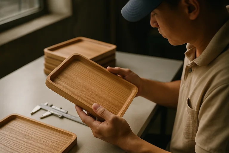 A close-up of an inspector carefully checking a wooden tray for defects and measuring with a caliper, representing the strict quality standards and defect allowance in wood wholesale programs.
