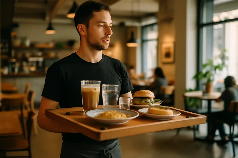 A busy server balances a wooden tray filled with meals and drinks, displaying stability and ergonomic design for hospitality settings.