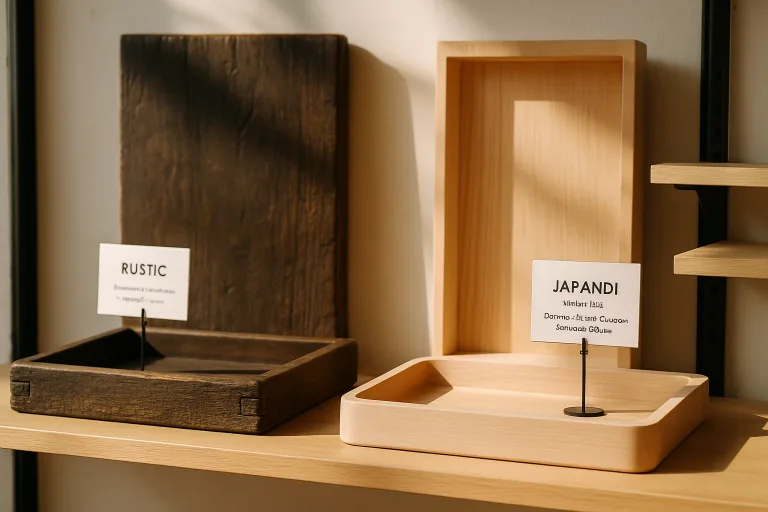 A shelf in a boutique retail space features handcrafted rustic trays and minimalist Japandi shelves, with shelf talkers describing their materials and finish tones.