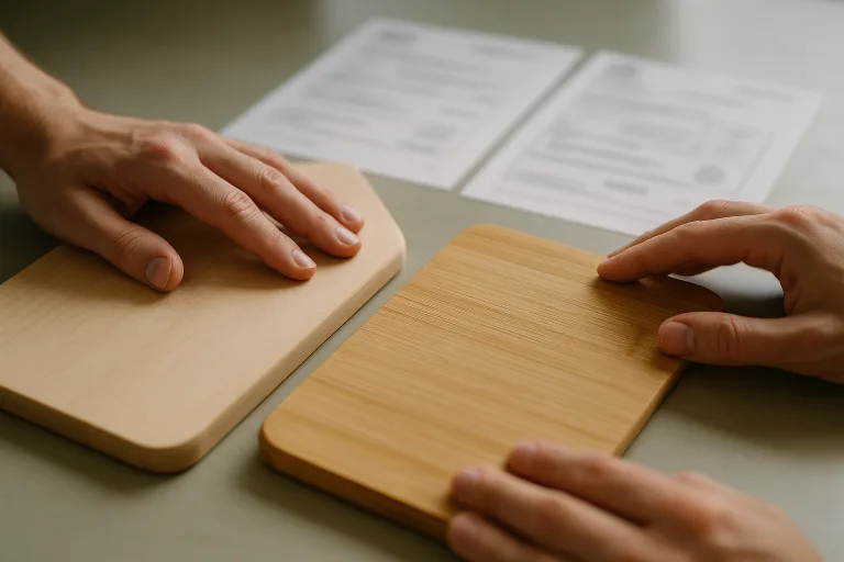 This image features hands examining the surface and edge of bamboo and beech boards, with compliance documents nearby, illustrating the sample review process for buyers.