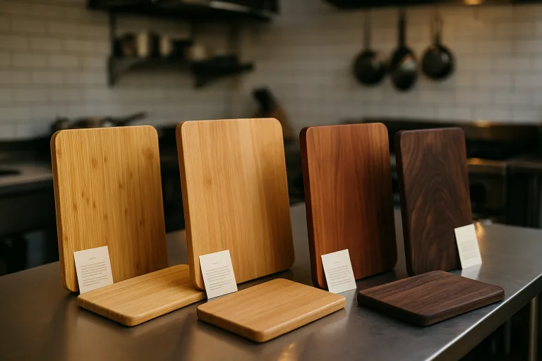 Multiple seasoned boards shown on a kitchen counter, paired with printed care cards for hospitality or retail settings.