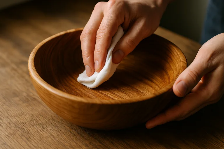 Hands rub oil into a clean wooden salad bowl using a soft cloth. The image shows the bowl’s rich grain and smooth finish, emphasizing a key technique for seasoning and protecting wooden serveware.