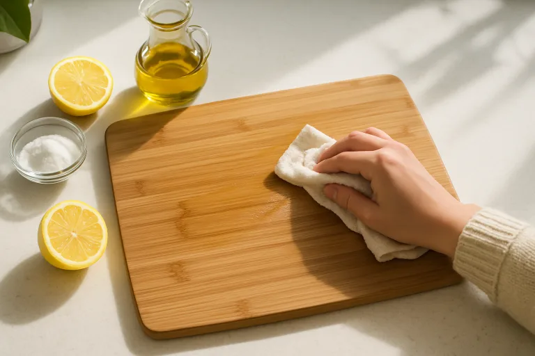 Overhead view of a bamboo cutting board being oiled and deodorized with household items in a clean kitchen.