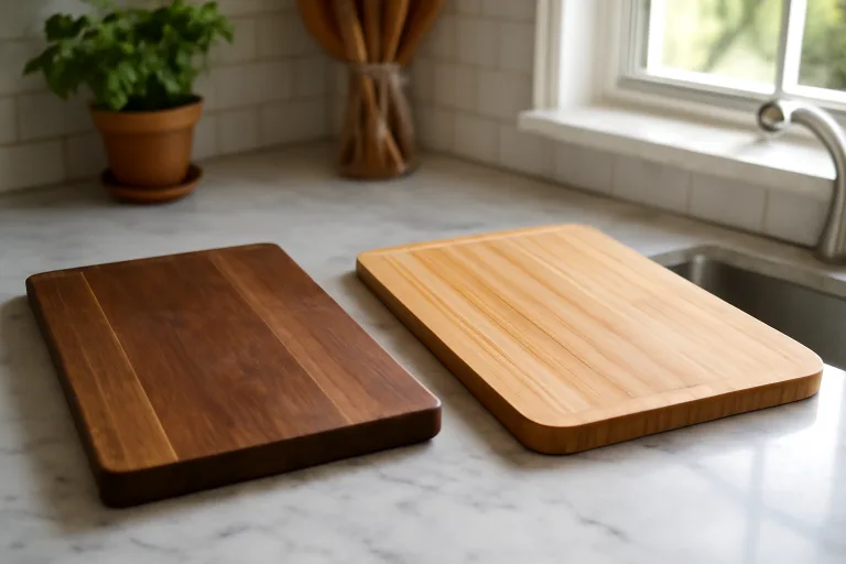 Comparison of solid and laminated kitchenware in a real kitchen to showcase natural grain differences and usage.