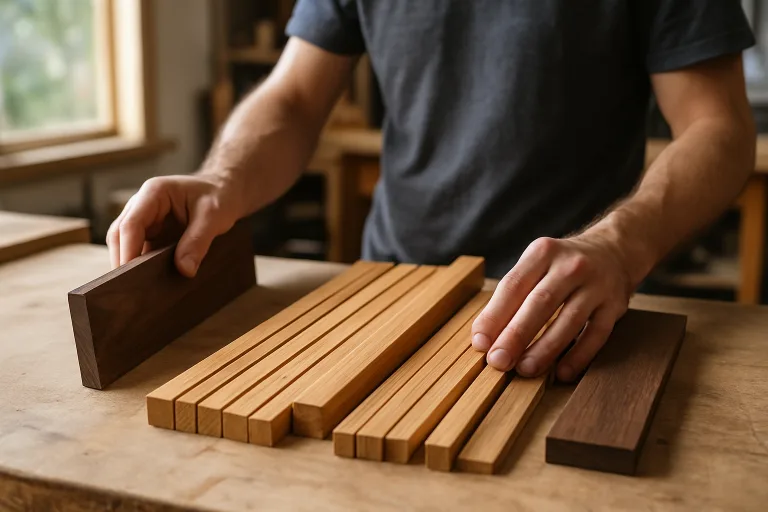 A skilled artisan arranges bamboo slats and hardwood blocks before assembling the composite body of a magnetic knife strip. The scene is illuminated by soft daylight, revealing subtle differences in grain and color between the two materials.