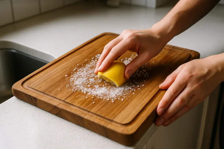 Kitchen scene of person scrubbing a wood board with lemon and salt for odor resistance.