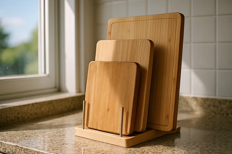 A kitchen scene shows bamboo and wood cutting boards stored upright in a slotted rack, illustrating optimal storage for warp and cup prevention.