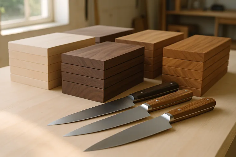 A sleek workshop table displays four test cutting boards of different wood species and three identical chef knives, under bright daylight.