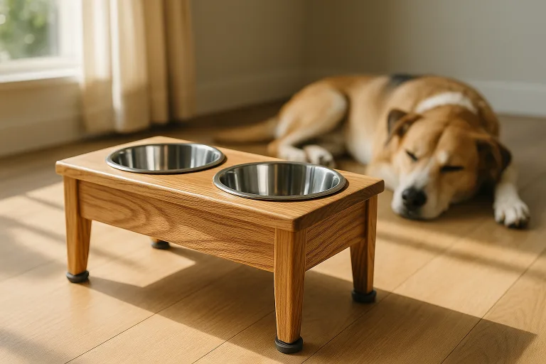 A wooden pet bowl stand with stainless bowls and anti-slip features sits on a kitchen floor near a relaxed pet.