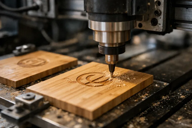 Precision CNC machines engrave custom designs onto bamboo in an industrial setting as part of wholesale production.