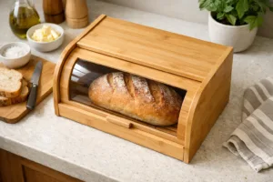 A natural light photo of a contemporary bamboo bread box keeping bread fresh in a welcoming kitchen environment.