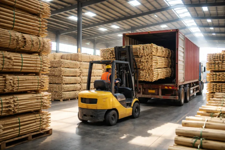 A modern warehouse scene where processed bamboo is being prepared and loaded for international shipping, emphasizing efficient logistics and careful packing.