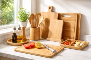 A welcoming kitchen scene with a curated selection of bamboo kitchenware, highlighting their eco-friendly and gift-worthy appeal for Mother's Day.