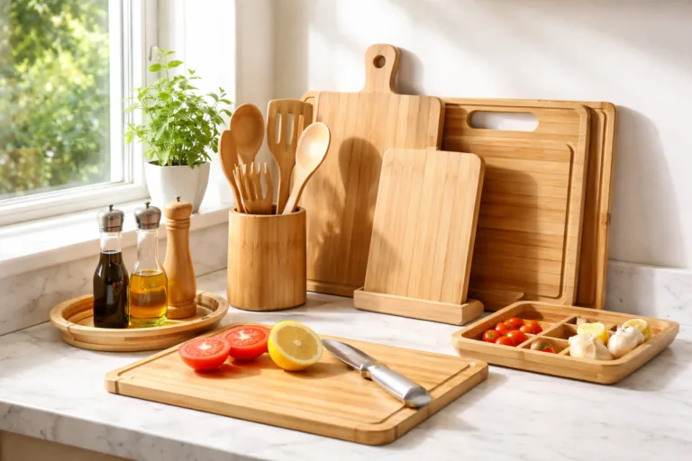 A welcoming kitchen scene with a curated selection of bamboo kitchenware, highlighting their eco-friendly and gift-worthy appeal for Mother's Day.