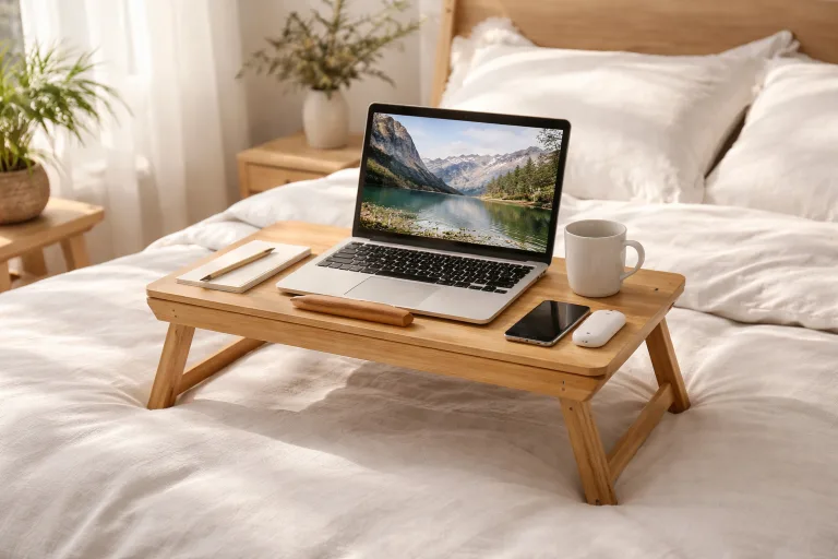 Photo-realistic scene of a bamboo laptop desk on bed, showing ergonomic setup for morning work with natural illumination.