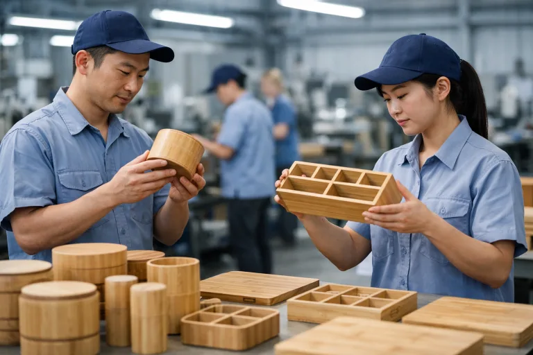 Factory scene where quality control checks and finishing touches are applied to bamboo products for various industries.