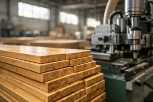 A photo-realistic image of a modern bamboo production facility, highlighting clean organization, precise equipment, and fresh bamboo material ready for processing.