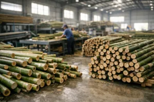 Photo depicting the initial stage of manufacturing bamboo products, focusing on sorting raw bamboo culms before processing.