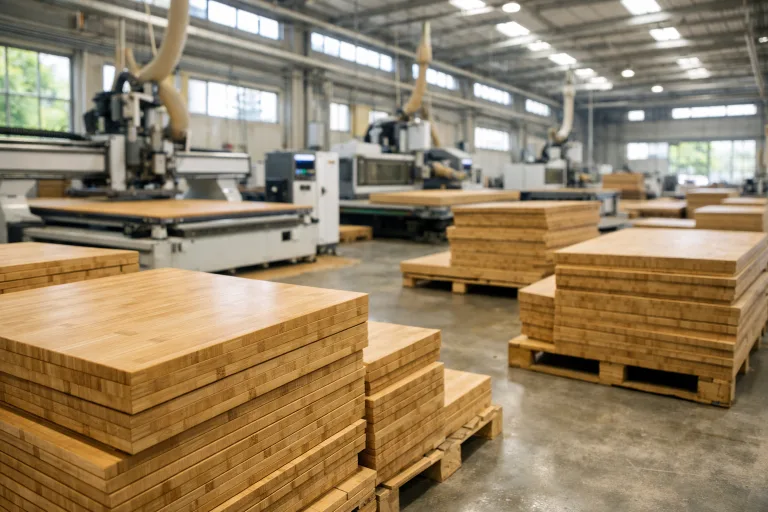 A photo-realistic wide view inside a bamboo factory illustrating the environment where MOQ is determined. Lighting and organization evoke professionalism.