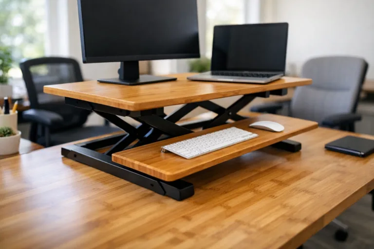 Photo showing a contemporary workspace featuring a bamboo standing desk converter. Natural lighting reveals the fine grain, illustrating sturdy construction.