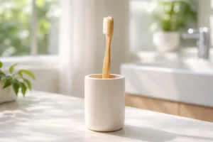 A close-up of a bamboo toothbrush kept upright in an airy bathroom to prevent mold, aligning with tips in the article about how to keep your bamboo toothbrush from molding.