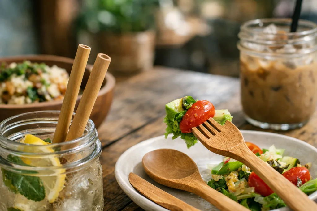 bamboo wood cafe utensils closeup bamboo wood cafe utensils closeup