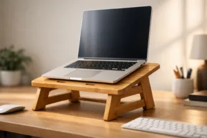 A photo-realistic workspace where a bamboo wood laptop stand positions the laptop at optimal height, illustrating the first step in preventing neck pain.