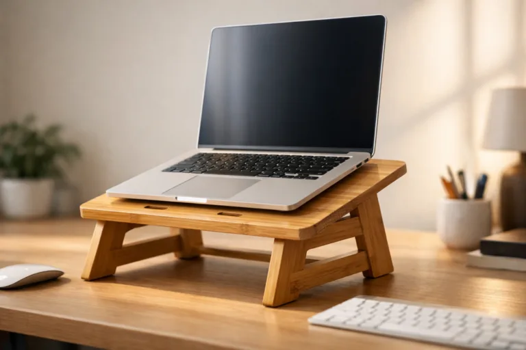 A photo-realistic workspace where a bamboo wood laptop stand positions the laptop at optimal height, illustrating the first step in preventing neck pain.