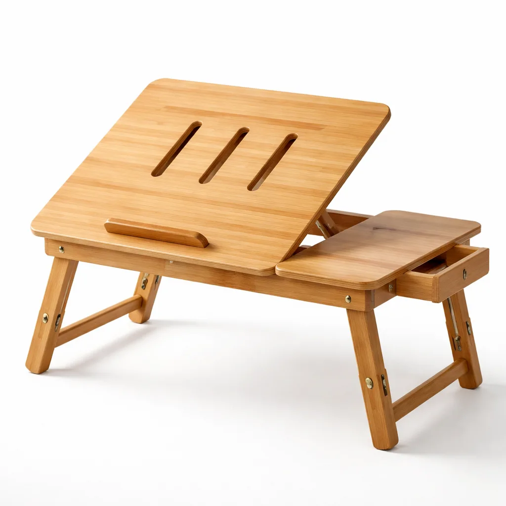 A solid natural bamboo laptop stand featuring gently rounded corners for a smooth touch. Adjustable angle slots and sturdy foldable legs make it ideal for working from any surface.