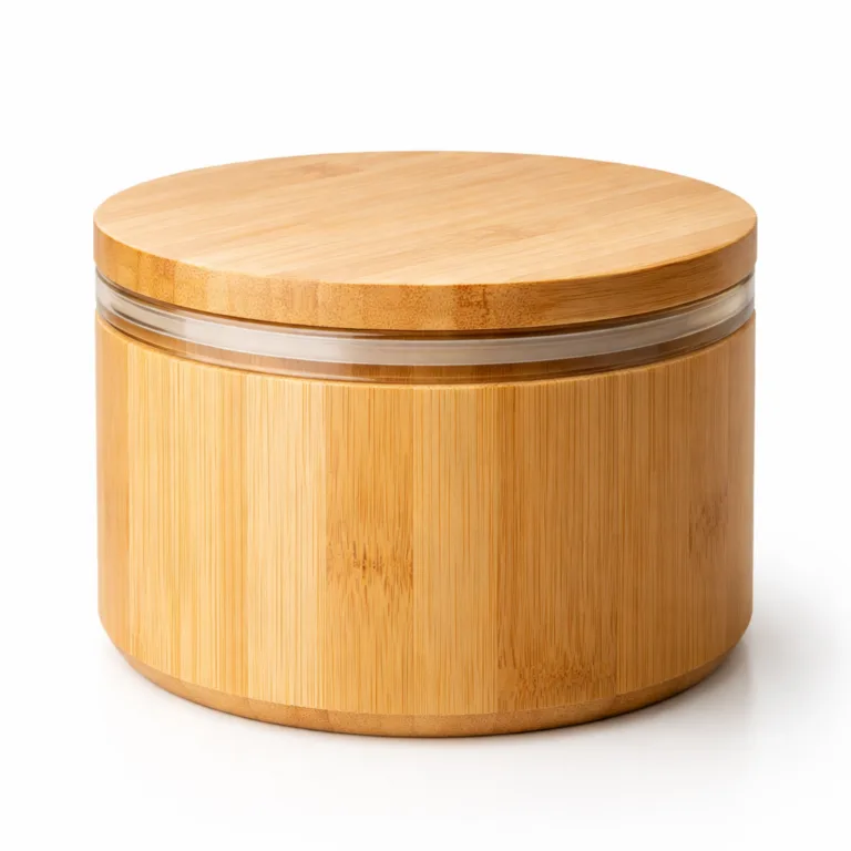 A bamboo airtight tea canister made from natural bamboo, featuring a round body and a smooth beveled edge on the airtight lid for elegant detail, photographed for product listing use.