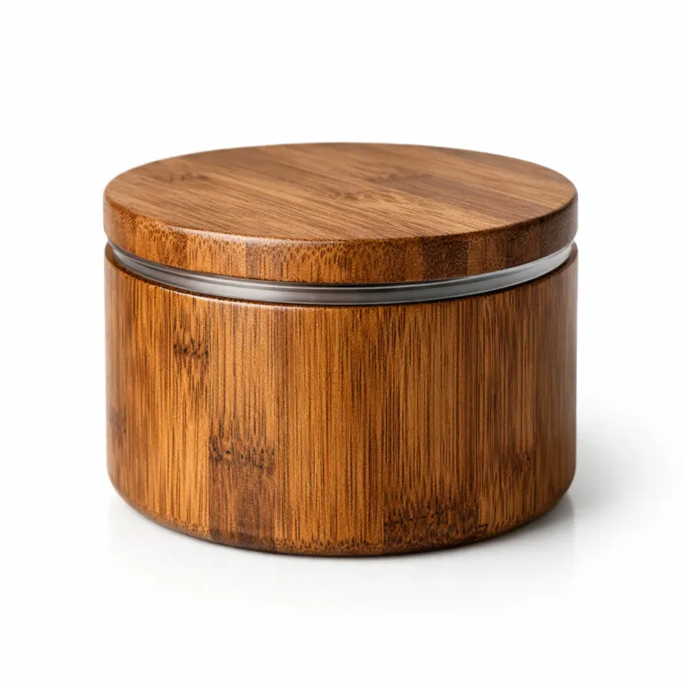 A round bamboo airtight tea canister made from carbonized bamboo, featuring a deeper, richer hue and smooth surface with an airtight lid, shown in a commercial studio setting.