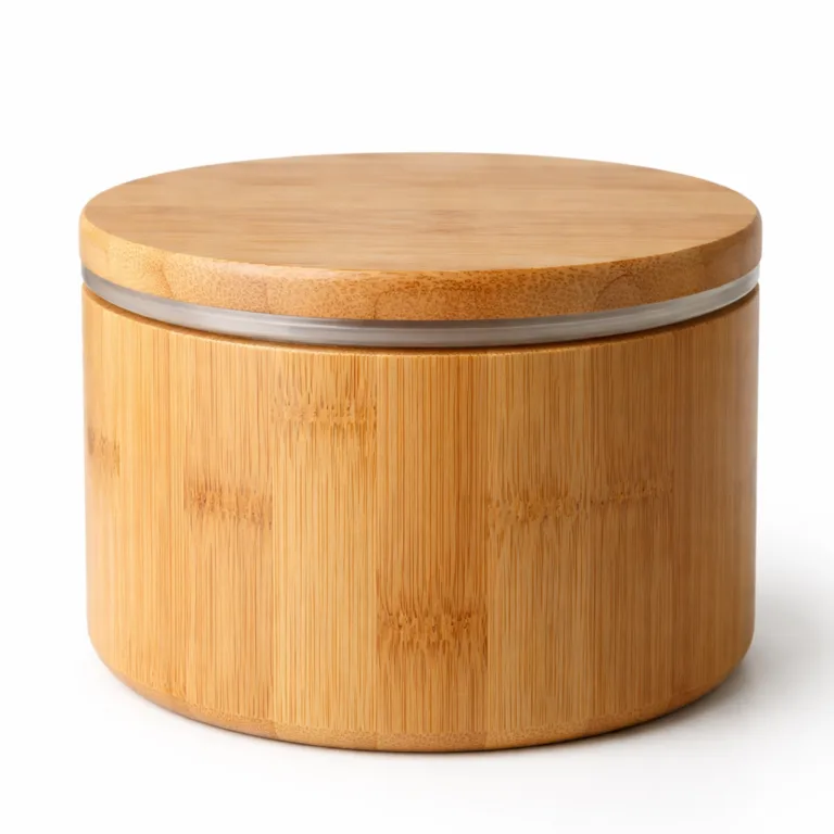 A bamboo airtight tea canister with a matte-oiled finish, featuring natural bamboo color and a round shape with an airtight lid, captured in sharp detail for e-commerce presentation.