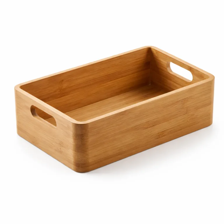 A matte-oiled bamboo bathroom organizer basket designed with integrated side handle slots for easy lifting and movement. The finish is smooth yet subtly textured, providing a practical and elegant touch.