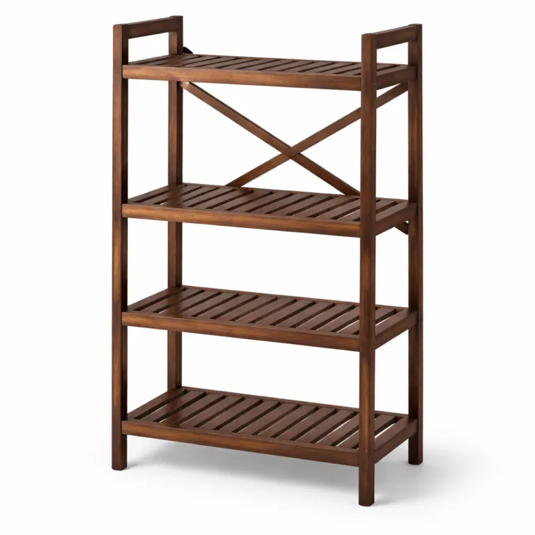 A 4-tier storage bathroom shelf in carbonized bamboo, showcasing a deep natural tone and pronounced wood grain. Designed with clean lines for stylish organization.
