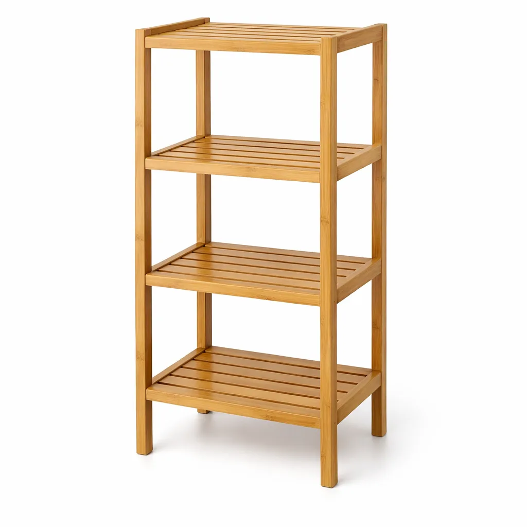 A 4-tier bathroom storage shelf made from natural bamboo with a matte-oiled finish. Features smooth, clean lines and a subtle sheen, making it suitable for modern bathrooms.