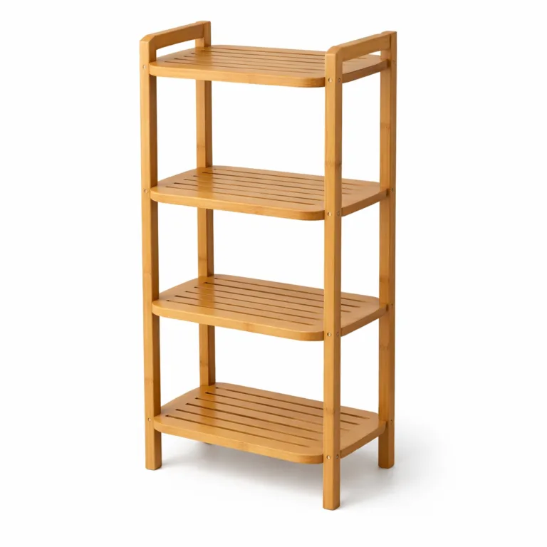 Natural bamboo bathroom storage shelf with 4 tiers and rounded shelf edges, enhancing safety and offering a modern, soft silhouette. Ideal for contemporary bathroom storage.