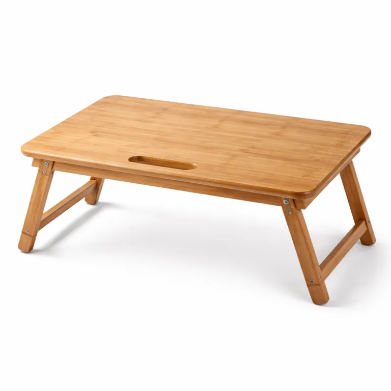 A matte-oiled finish bamboo bed laptop table with sturdy folding legs, designed with a convenient built-in handle cutout for easy portability. Ideal for work-from-bed comfort.