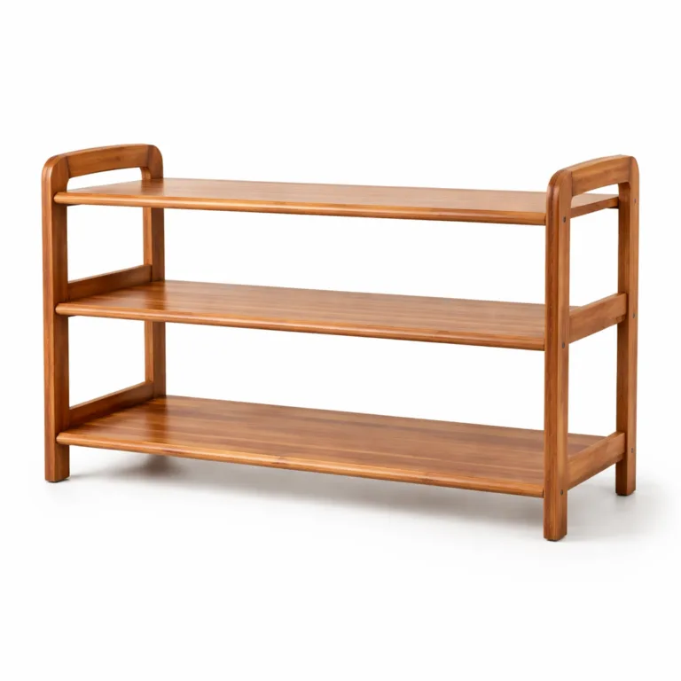 A carbonized bamboo bookshelf rack offering darker wood tones and gently rounded corners, designed in a horizontal multi-tier configuration for a warm and premium look.