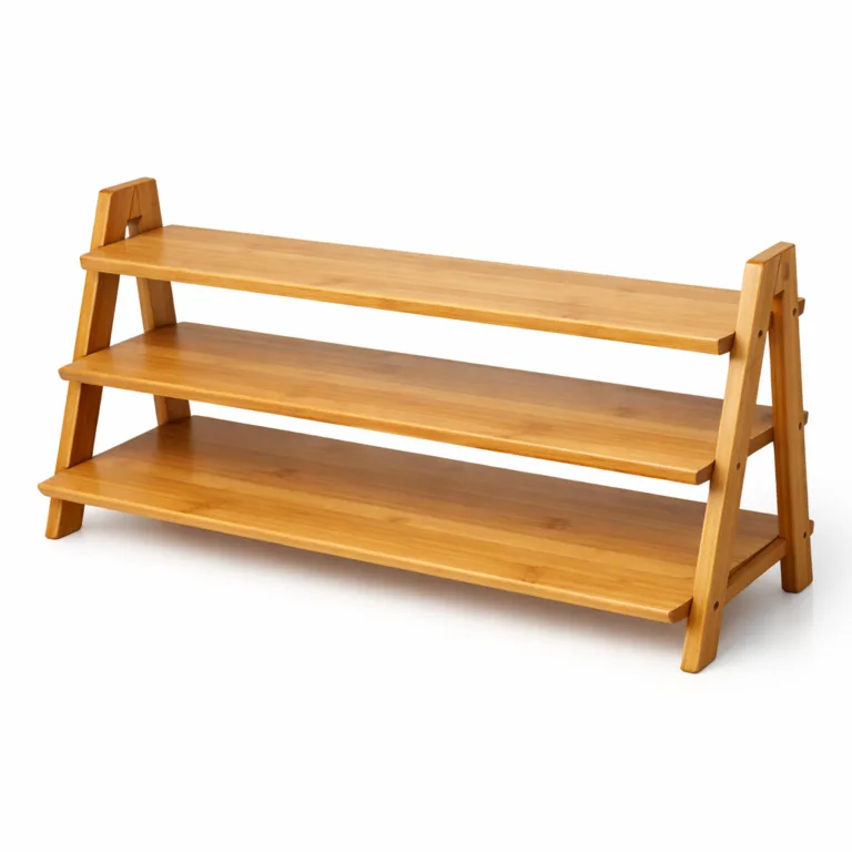 A bookshelf rack crafted from matte-oiled bamboo with distinctive beveled edges, featuring a horizontal multi-tier design and subtle refined finish for contemporary interiors.