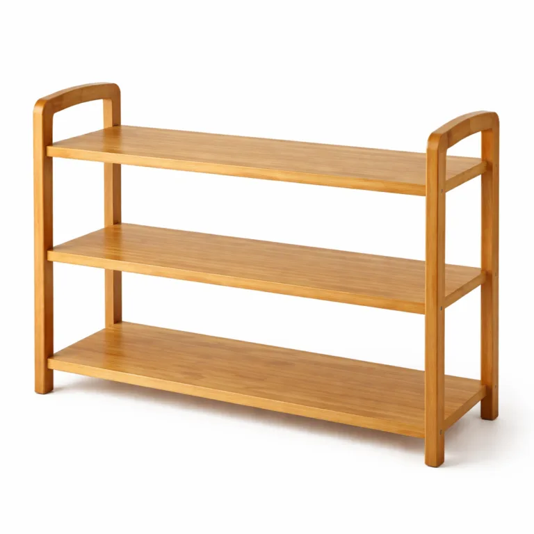 A natural bamboo bookshelf rack featuring a horizontal multi-tier layout with a smooth surface and clean edge detailing, ideal for organizing books in a modern setting.