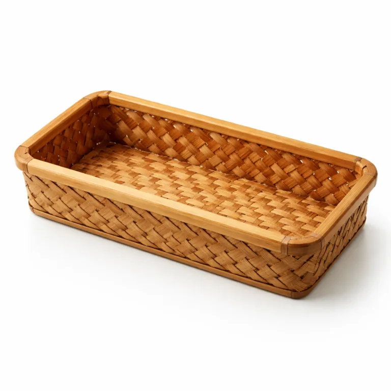 A rectangular bamboo bread basket with a rich carbonized finish for deeper color tones. Features finely beveled edges for contemporary styling and comfortable handling, presenting a sophisticated bread serving solution.