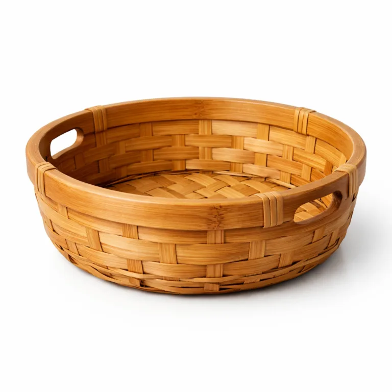 A round bamboo bread basket finished with a matte-oiled surface for a subtle sheen. Includes seamlessly integrated side handles for easy carrying and display, highlighting both function and understated design.