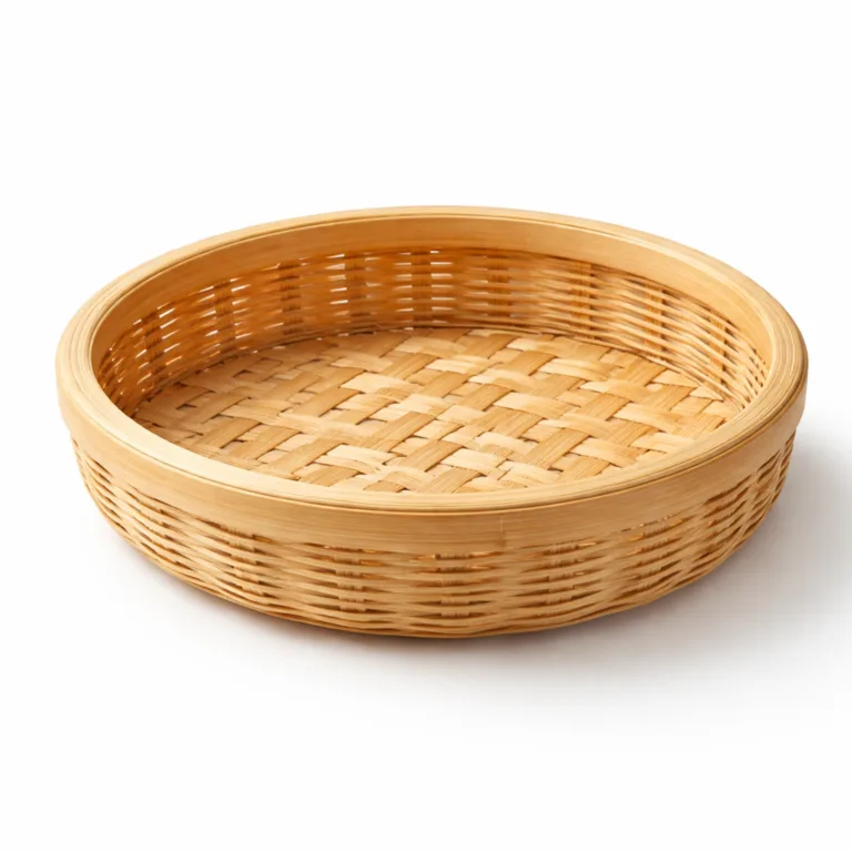 A round bamboo bread basket crafted from natural bamboo, showcasing a smooth natural finish and softly rounded rim for a modern minimalist look. The edges are polished and comfortable to the touch, making it ideal for holding bread on any table.