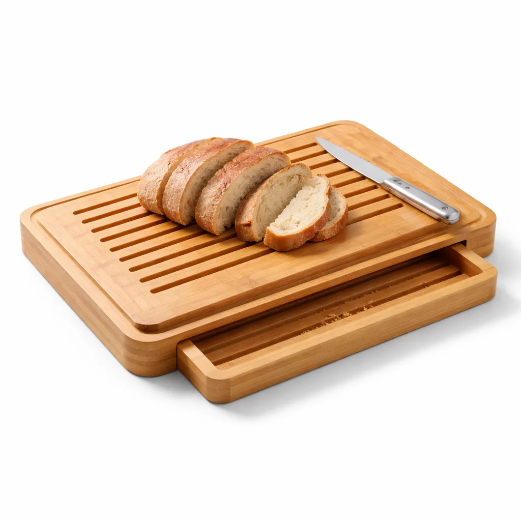 A high-quality bamboo bread cutting board with crumb tray, shown in natural bamboo with smoothly rounded edge detailing for added comfort and style.