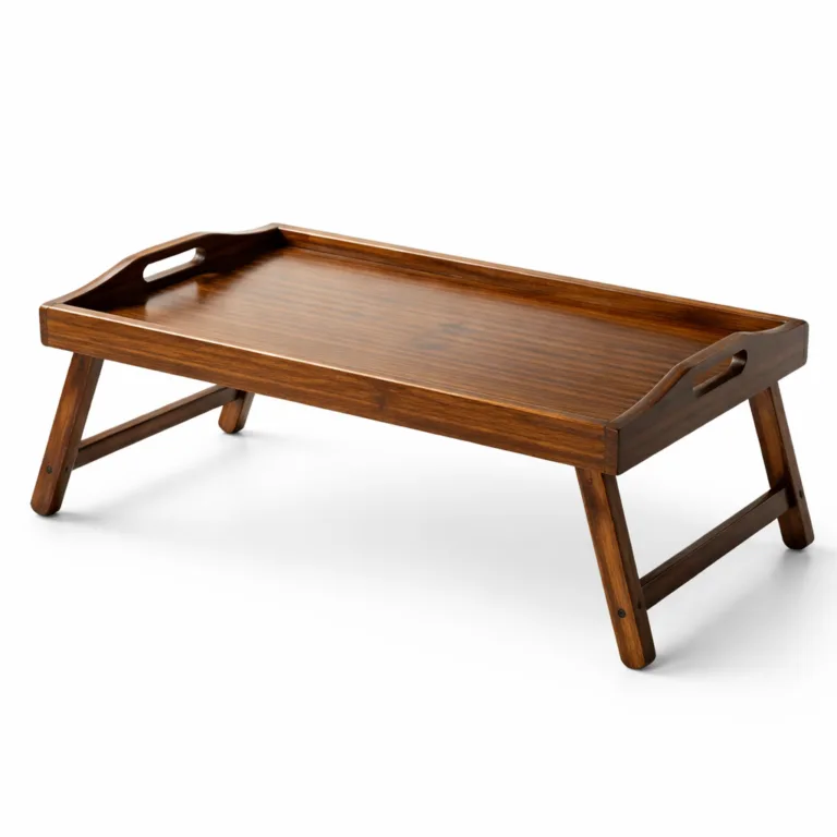 A modern bamboo breakfast tray with a deep carbonized finish, elegant beveled side edges, foldable legs, and integrated handles for easy carrying.