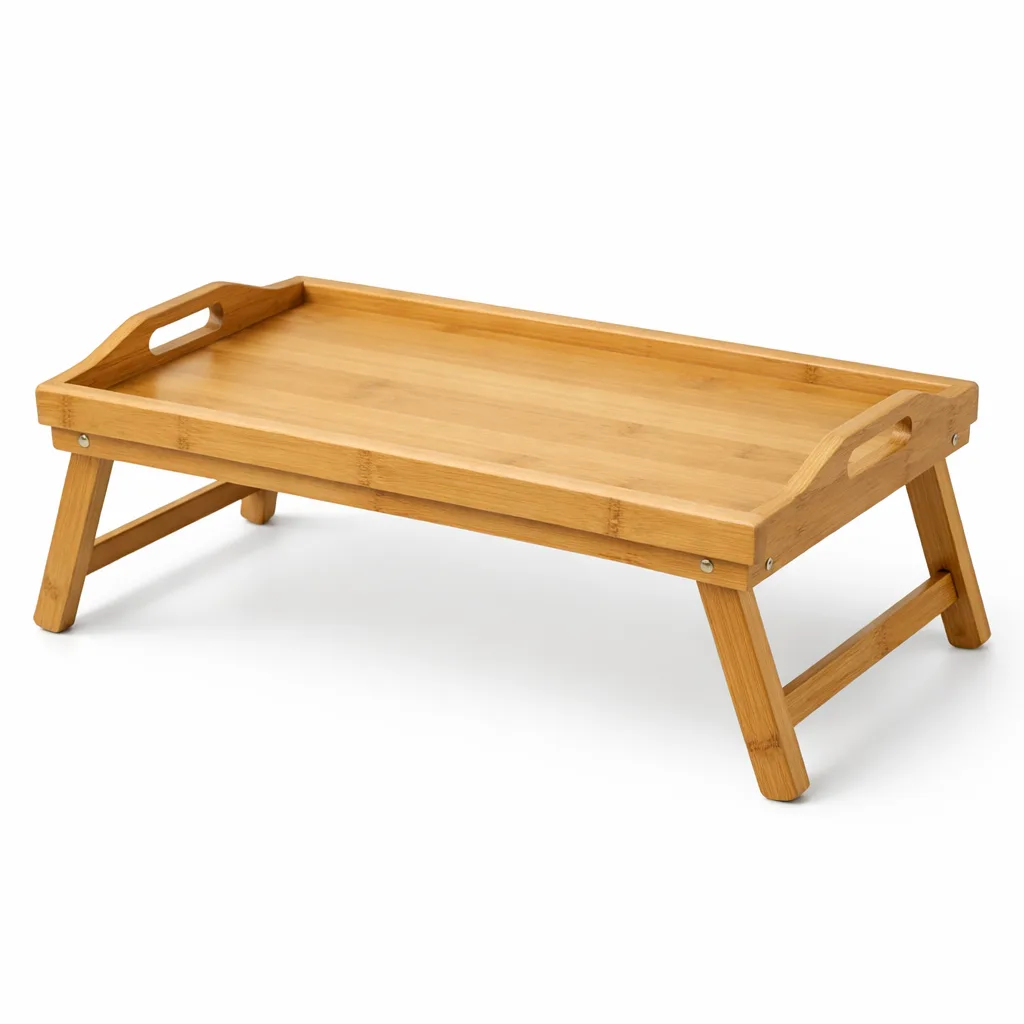 A classic bamboo breakfast in bed tray featuring a smooth natural finish, foldable legs, and rounded corner edges, ideal for bedroom or living room use.