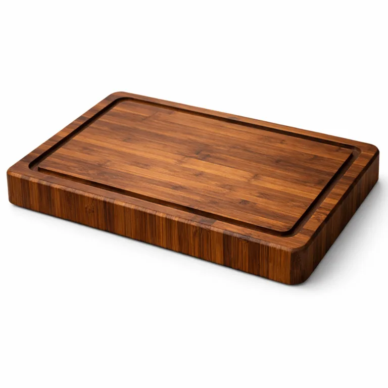 A carbonized bamboo butcher block cutting board with a rich dark finish, thick build, juice groove, and smoothly rounded corners, highlighting a modern and sturdy construction for heavy-duty kitchen tasks.